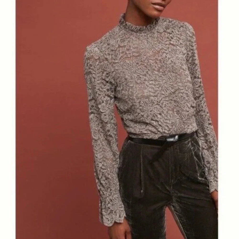 Anthropologie Eri + Ali NWT Taupe Brown Velvet Floral‎ Lace Delano Top